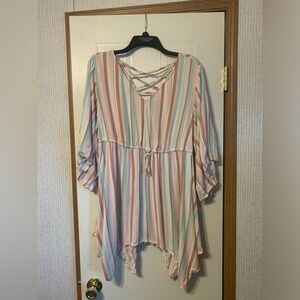 TORRID. Blouse. Pink, white, blue, brown. Size 2.